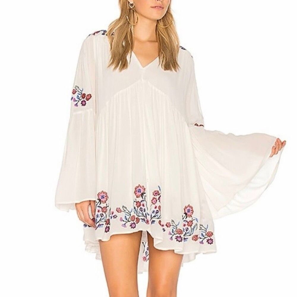 Free People Women’s Te Amo Embroidered Boho Chic White Mini Dress Tunic Large